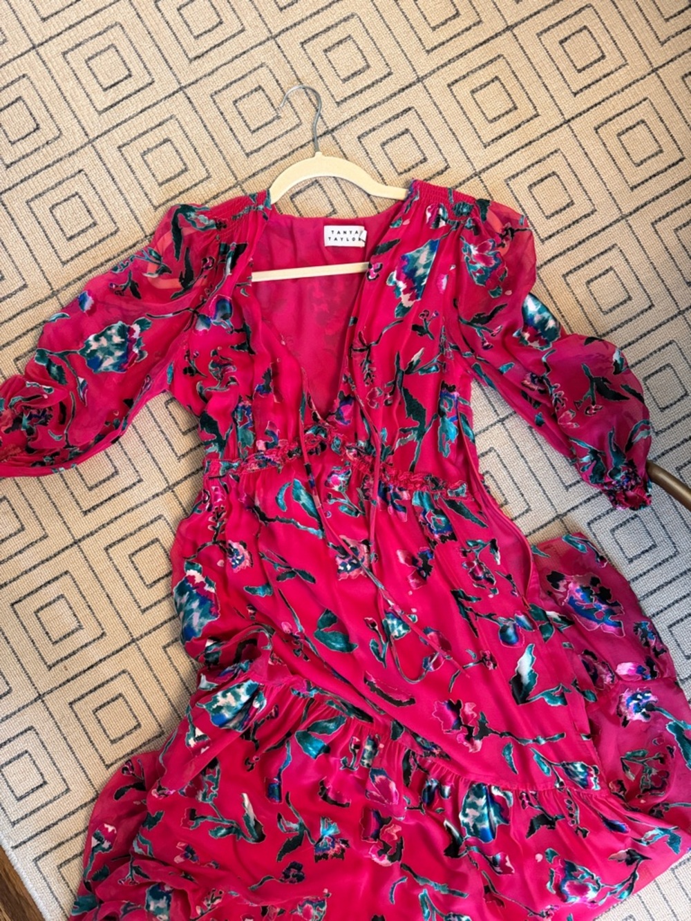 Tanya Taylor Hot Pink Floral Tiered Midi Dress with velvet detail size 2